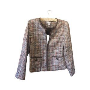 Chico's Tweed Brown Multi Color Thread Hook Closure Blazer Button Accent Sz M/8